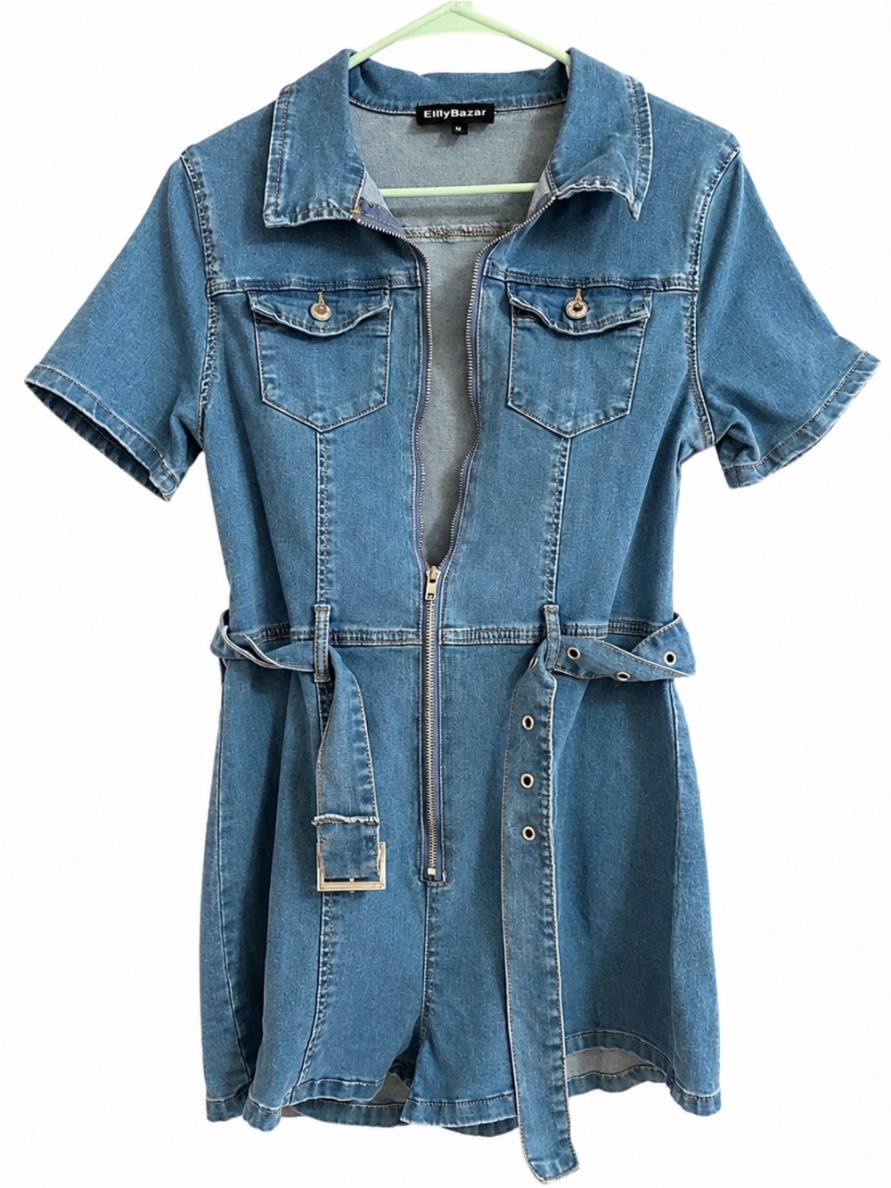 Women's Light Blue Denim Short-Sleeve Zip Romper with Belt